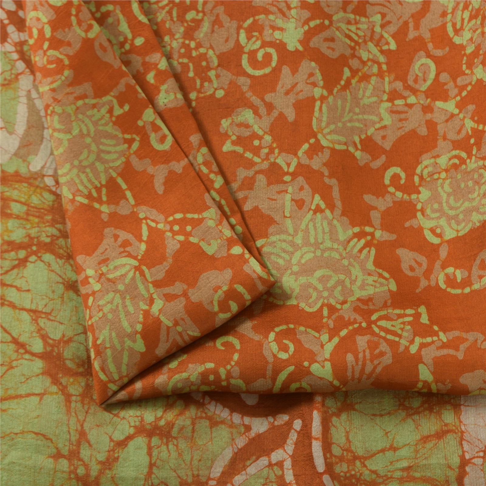 Sanskriti Vintage Sarees Orange Batik Work 100% Pure Silk Sari 5+yd Craft Fabric