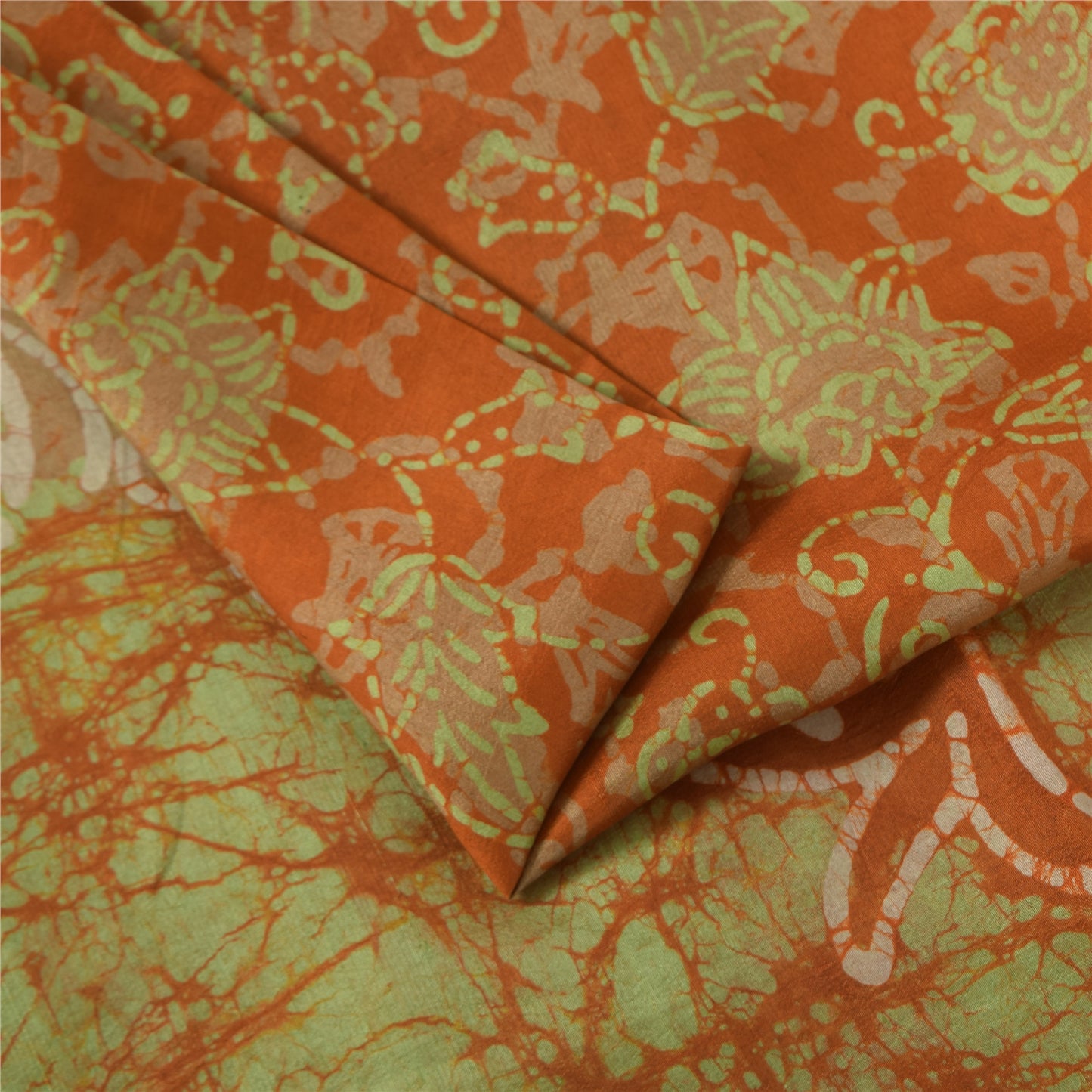 Sanskriti Vintage Sarees Orange Batik Work 100% Pure Silk Sari 5+yd Craft Fabric