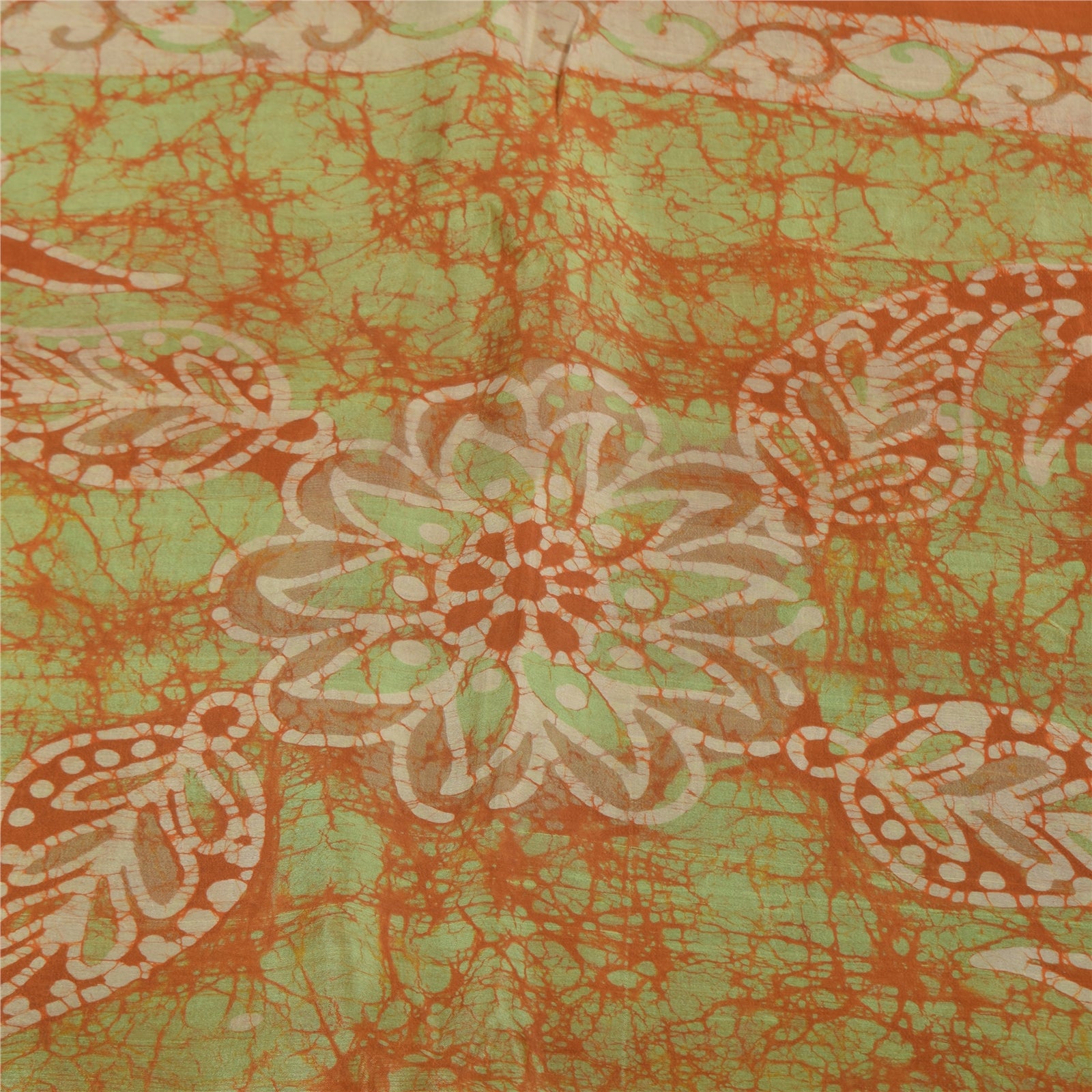 Sanskriti Vintage Sarees Orange Batik Work 100% Pure Silk Sari 5+yd Craft Fabric