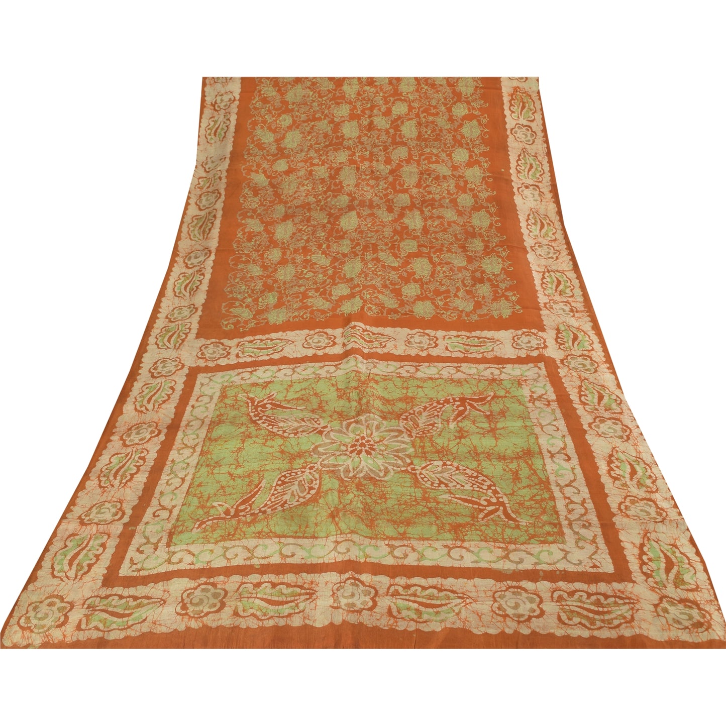 Sanskriti Vintage Sarees Orange Batik Work 100% Pure Silk Sari 5+yd Craft Fabric