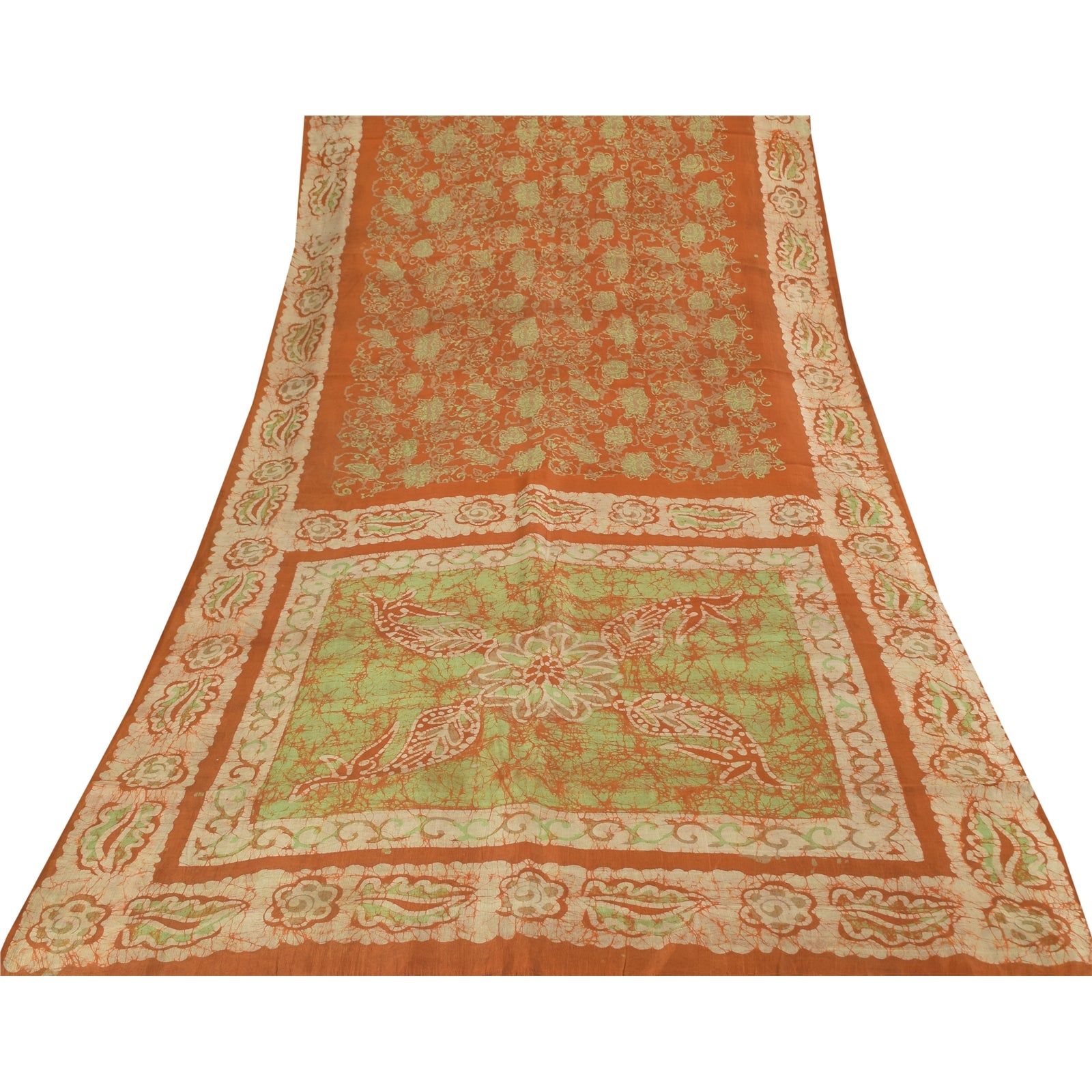 Sanskriti Vintage Sarees Orange Batik Work 100% Pure Silk Sari 5+yd Craft Fabric