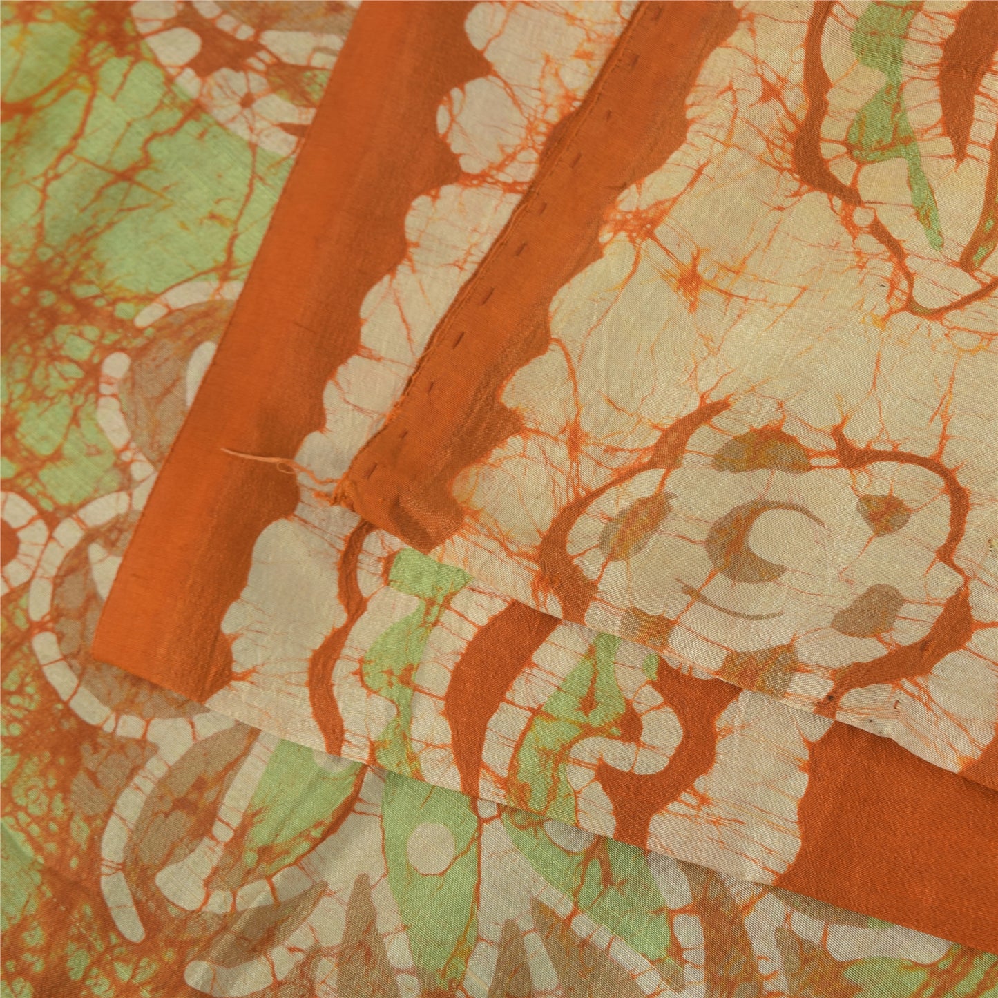 Sanskriti Vintage Sarees Orange Batik Work 100% Pure Silk Sari 5+yd Craft Fabric