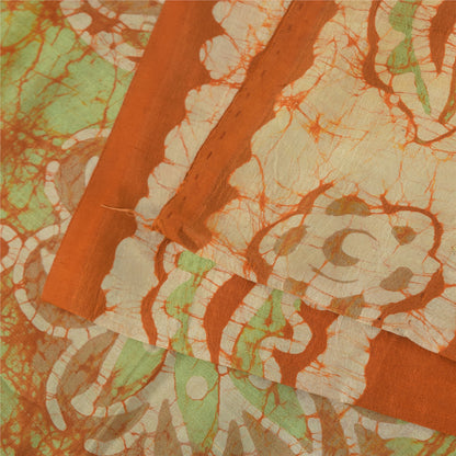 Sanskriti Vintage Sarees Orange Batik Work 100% Pure Silk Sari 5+yd Craft Fabric