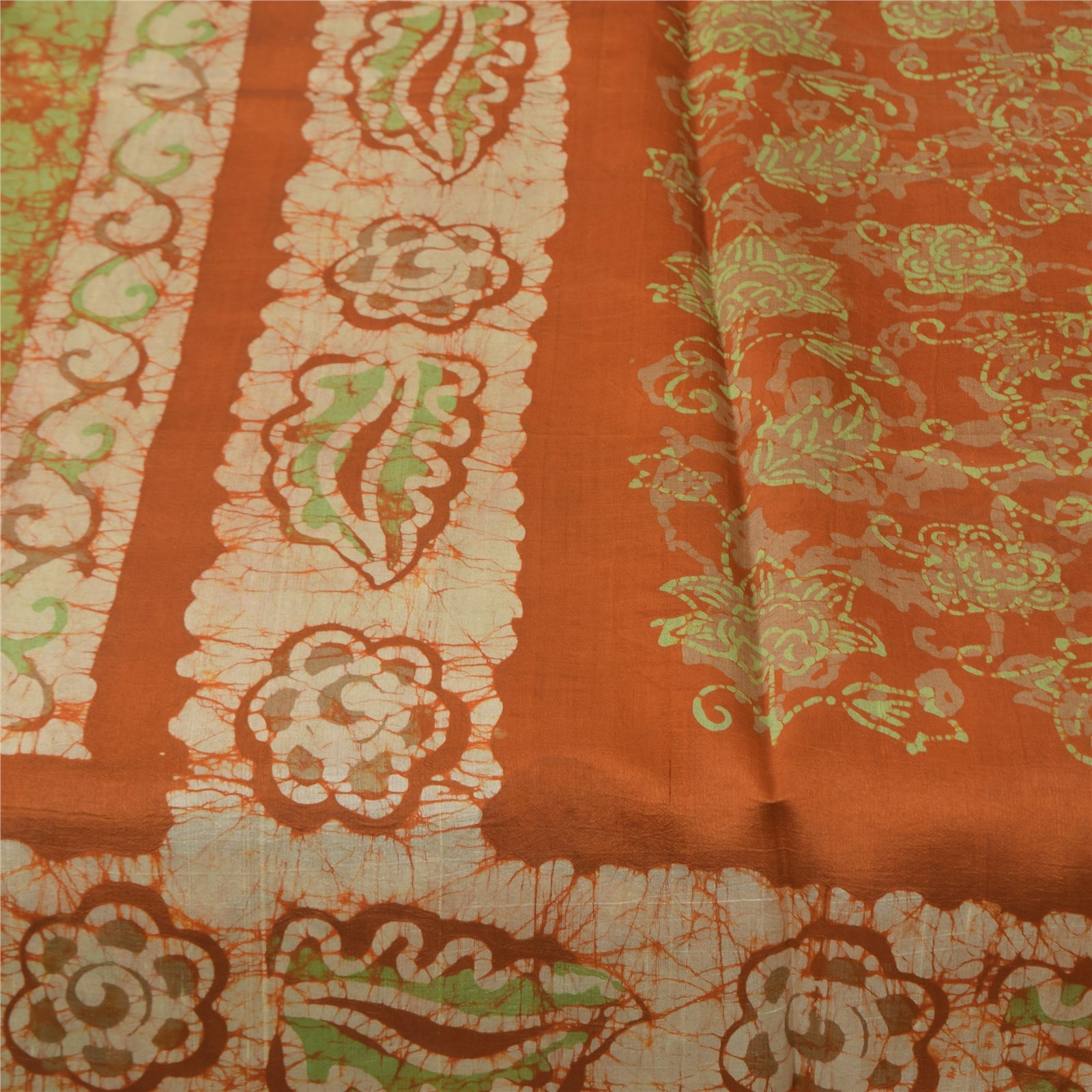 Sanskriti Vintage Sarees Orange Batik Work 100% Pure Silk Sari 5+yd Craft Fabric