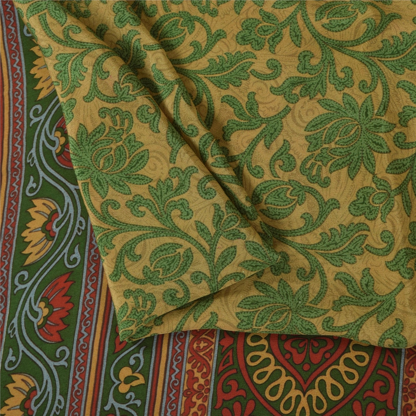 Sanskriti Vintage Sarees Green Indian Pure Silk Printed Sari 6yd Craft Fabric