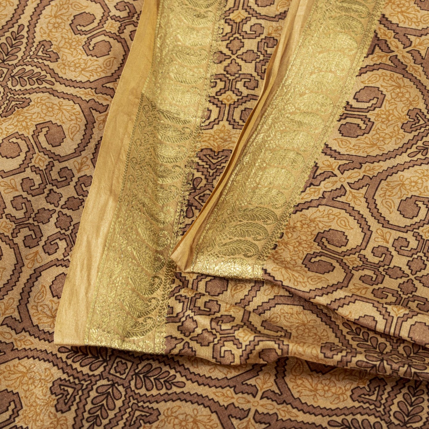 Sanskriti Vintage Saree Cream Soft Pure Silk Floral Print Zari Border Sari 5.5Yd