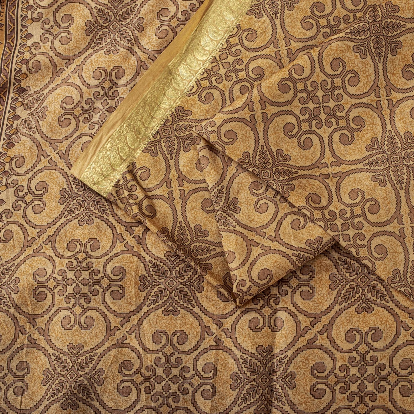 Sanskriti Vintage Saree Cream Soft Pure Silk Floral Print Zari Border Sari 5.5Yd