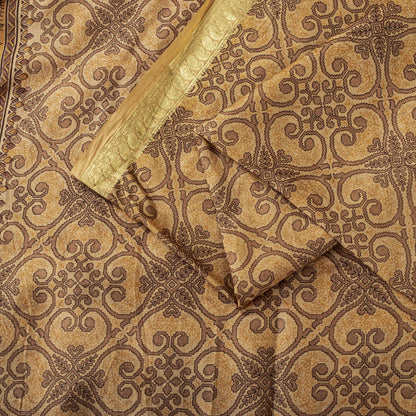 Sanskriti Vintage Saree Cream Soft Pure Silk Floral Print Zari Border Sari 5.5Yd