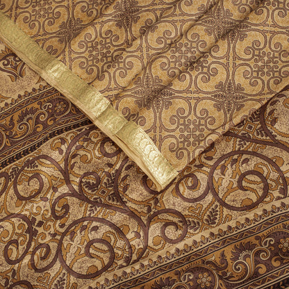 Sanskriti Vintage Saree Cream Soft Pure Silk Floral Print Zari Border Sari 5.5Yd