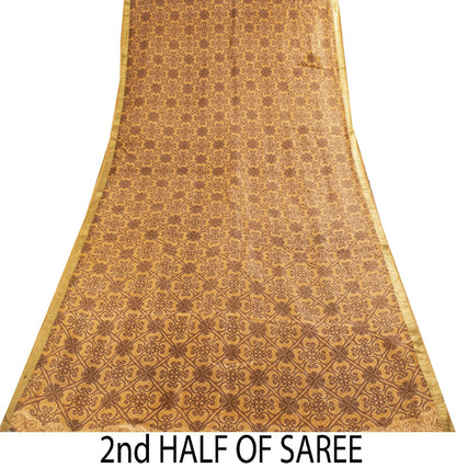 Sanskriti Vintage Saree Cream Soft Pure Silk Floral Print Zari Border Sari 5.5Yd