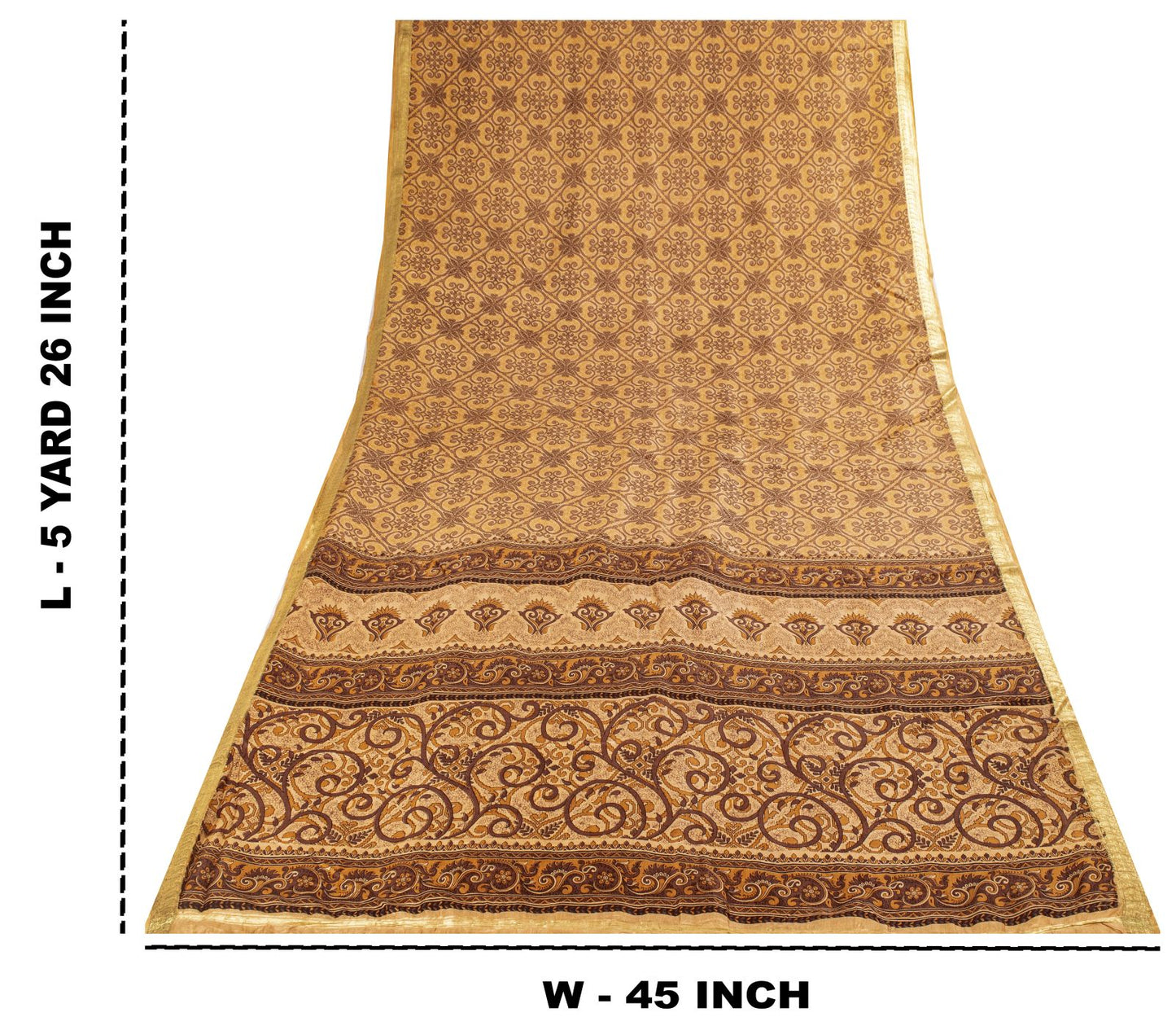 Sanskriti Vintage Saree Cream Soft Pure Silk Floral Print Zari Border Sari 5.5Yd