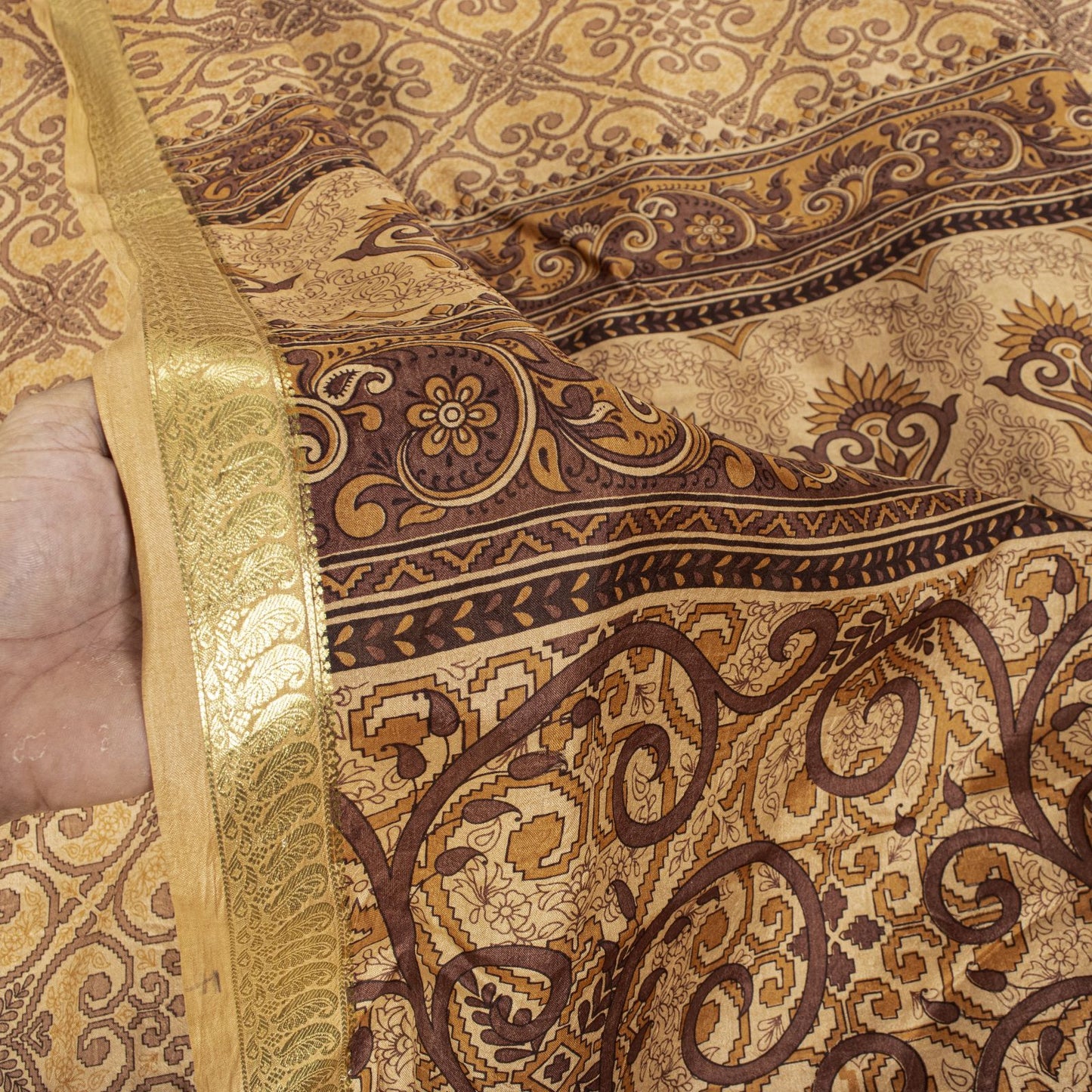 Sanskriti Vintage Saree Cream Soft Pure Silk Floral Print Zari Border Sari 5.5Yd
