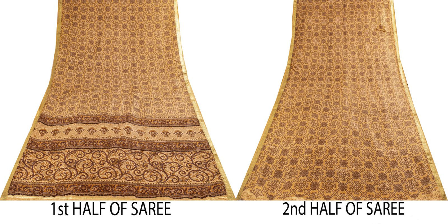 Sanskriti Vintage Saree Cream Soft Pure Silk Floral Print Zari Border Sari 5.5Yd
