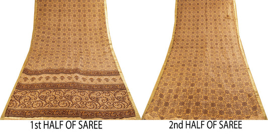Sanskriti Vintage Saree Cream Soft Pure Silk Floral Print Zari Border Sari 5.5Yd