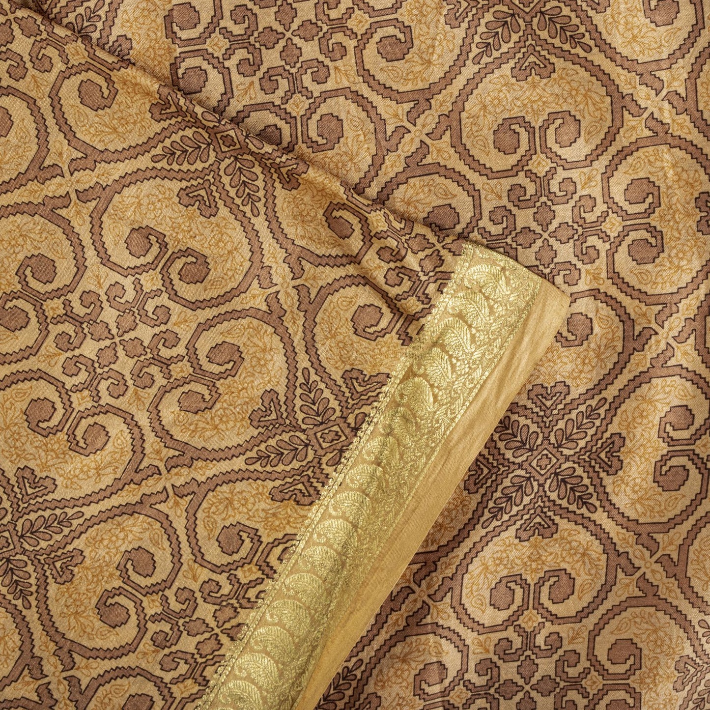 Sanskriti Vintage Saree Cream Soft Pure Silk Floral Print Zari Border Sari 5.5Yd