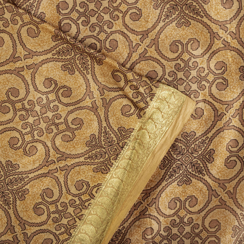 Sanskriti Vintage Saree Cream Soft Pure Silk Floral Print Zari Border Sari 5.5Yd