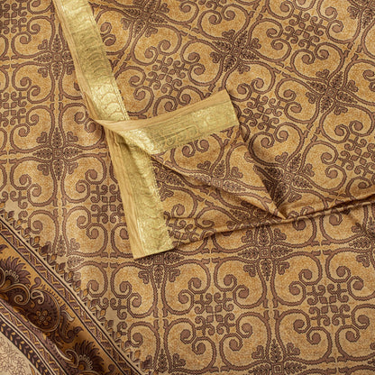 Sanskriti Vintage Saree Cream Soft Pure Silk Floral Print Zari Border Sari 5.5Yd