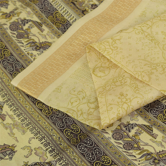 Sanskriti Vintage Sarees Cream Pure Silk Peacock Printed Sari 5+yd Craft Fabric