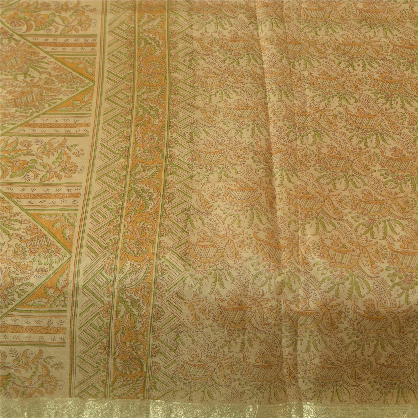 Sanskriti Vintage Sarees Cream Zari BorderPure Silk Print Sari 5+yd Craft Fabric