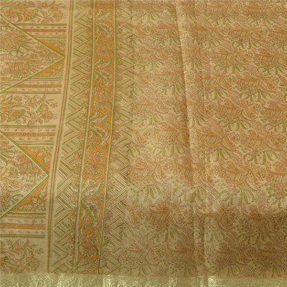 Sanskriti Vintage Sarees Cream Zari BorderPure Silk Print Sari 5+yd Craft Fabric