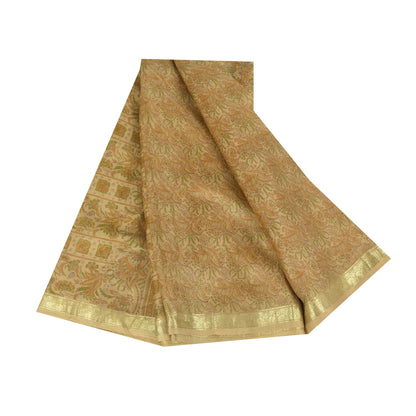 Sanskriti Vintage Sarees Cream Zari BorderPure Silk Print Sari 5+yd Craft Fabric
