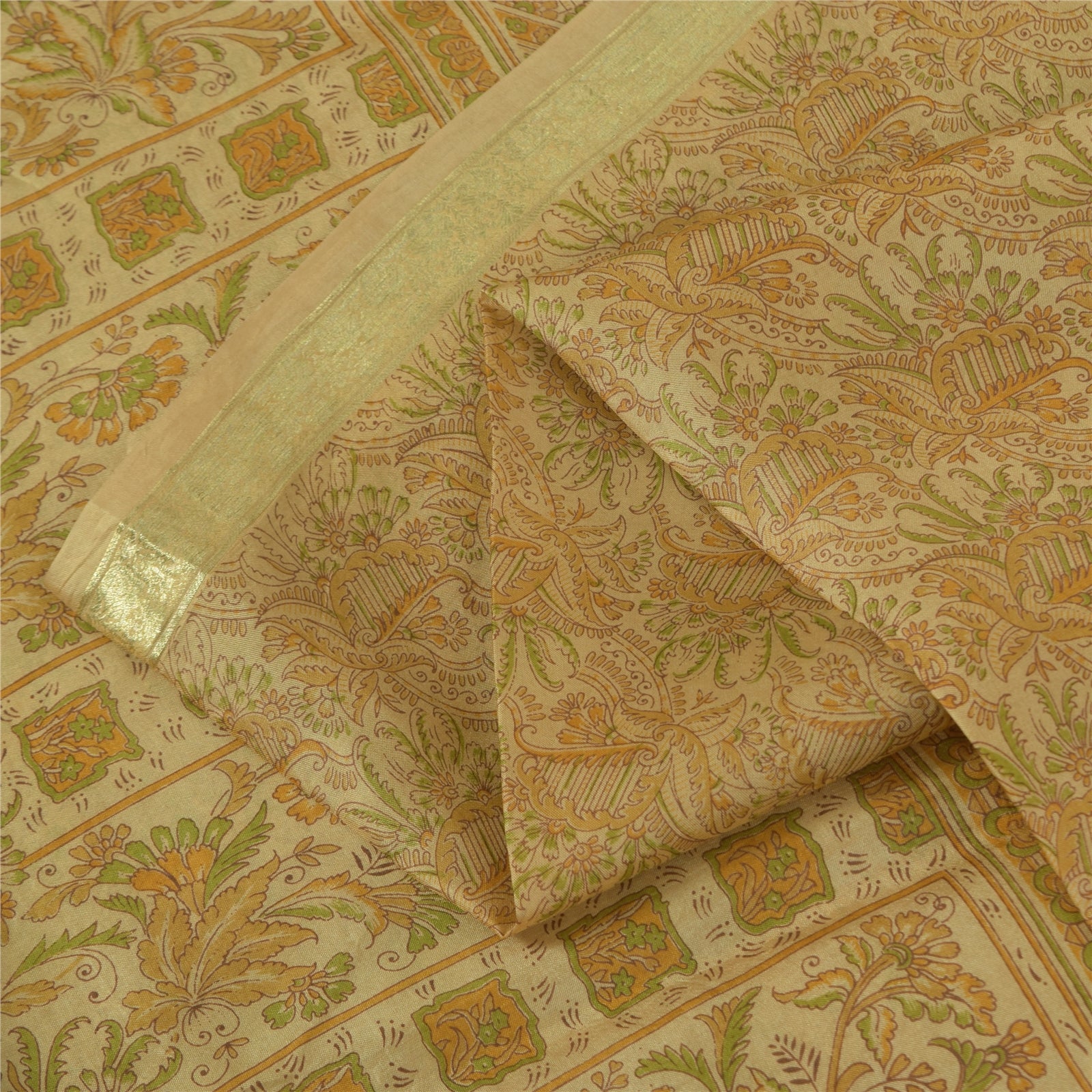 Sanskriti Vintage Sarees Cream Zari BorderPure Silk Print Sari 5+yd Craft Fabric