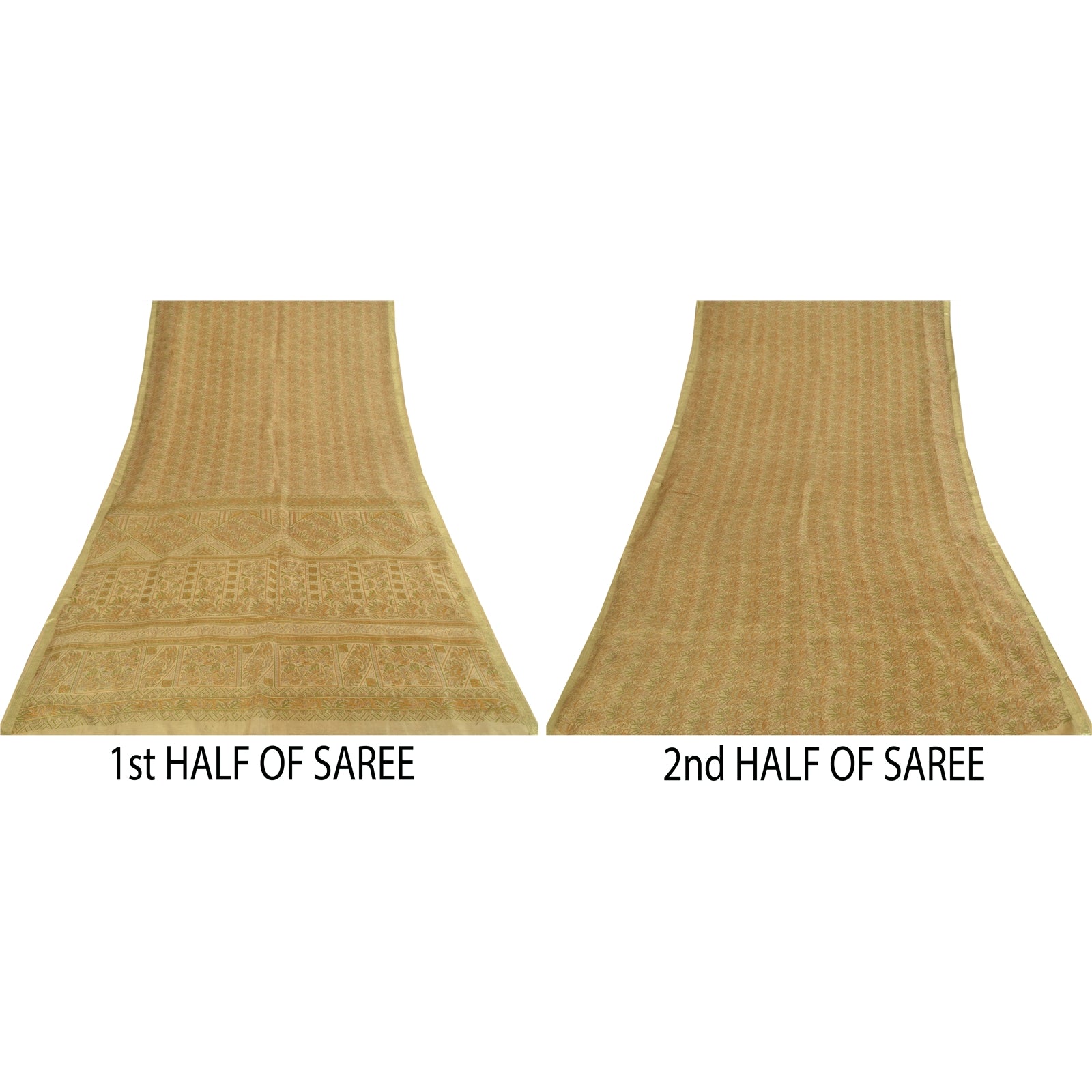 Sanskriti Vintage Sarees Cream Zari BorderPure Silk Print Sari 5+yd Craft Fabric