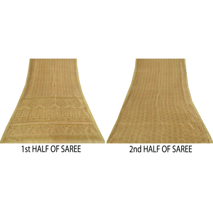 Sanskriti Vintage Sarees Cream Zari BorderPure Silk Print Sari 5+yd Craft Fabric