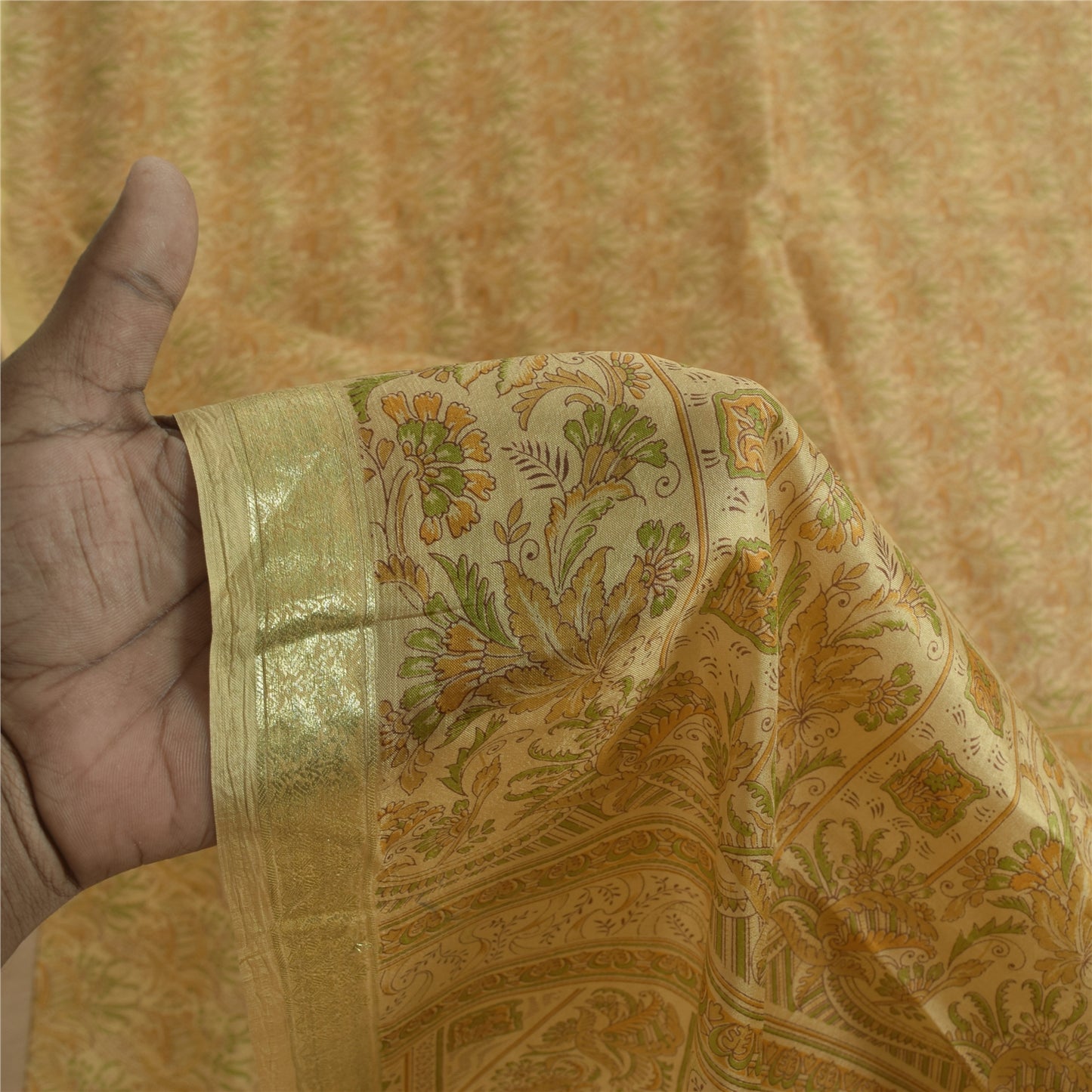 Sanskriti Vintage Sarees Cream Zari BorderPure Silk Print Sari 5+yd Craft Fabric