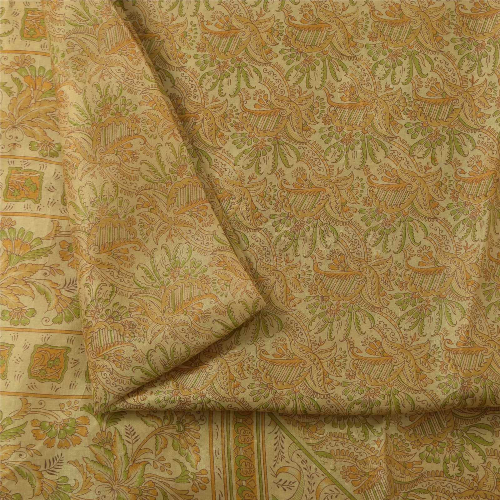 Sanskriti Vintage Sarees Cream Zari BorderPure Silk Print Sari 5+yd Craft Fabric
