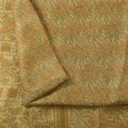 Sanskriti Vintage Sarees Cream Zari BorderPure Silk Print Sari 5+yd Craft Fabric