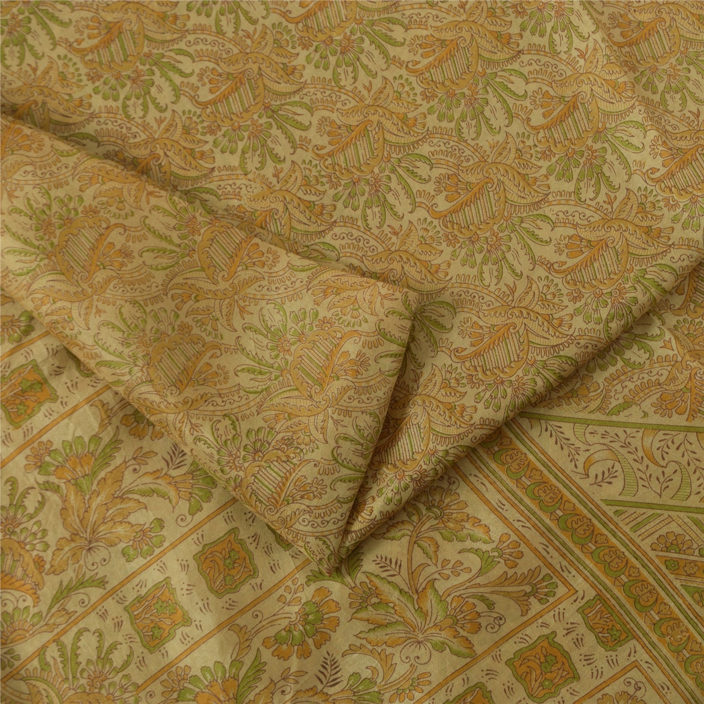 Sanskriti Vintage Sarees Cream Zari BorderPure Silk Print Sari 5+yd Craft Fabric