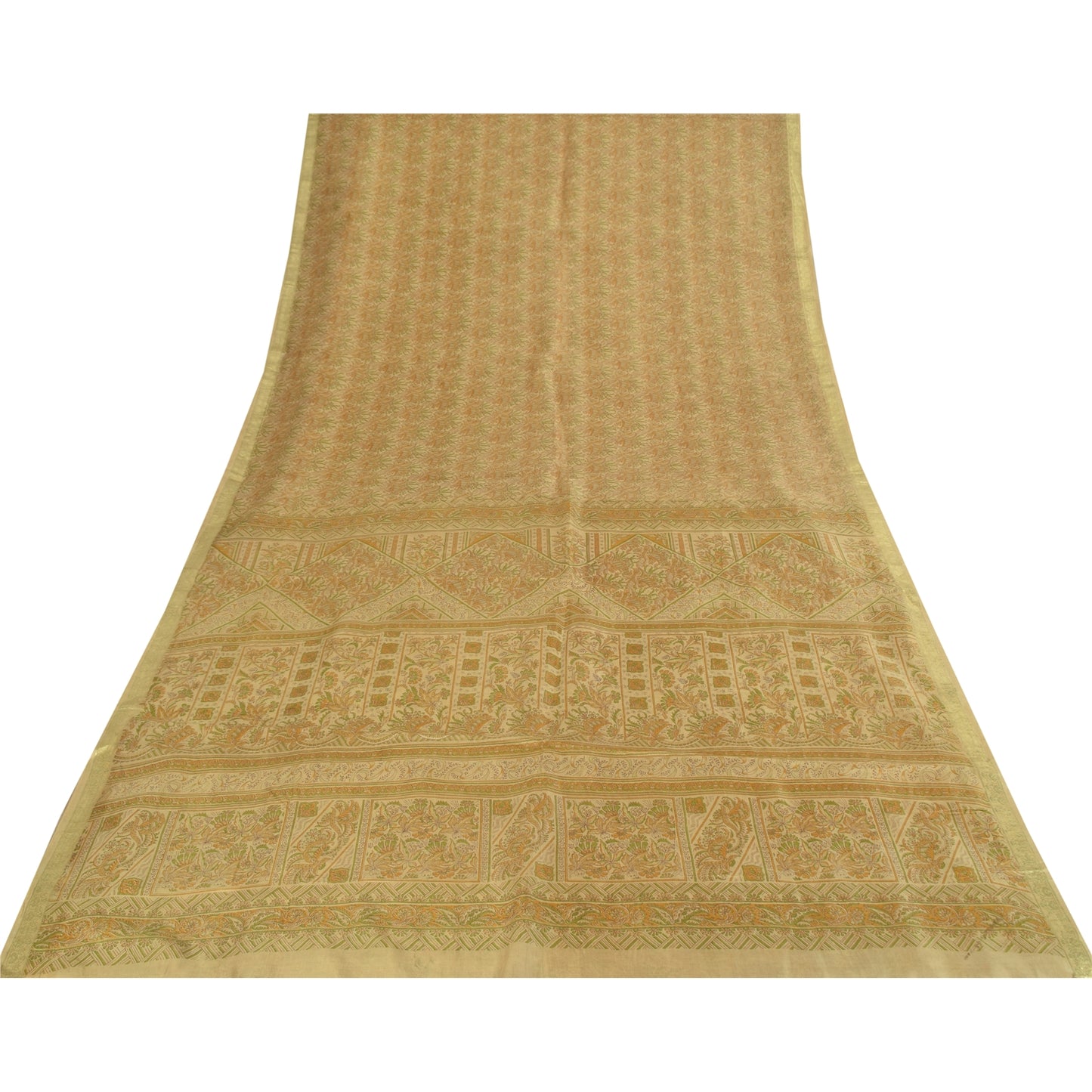 Sanskriti Vintage Sarees Cream Zari BorderPure Silk Print Sari 5+yd Craft Fabric