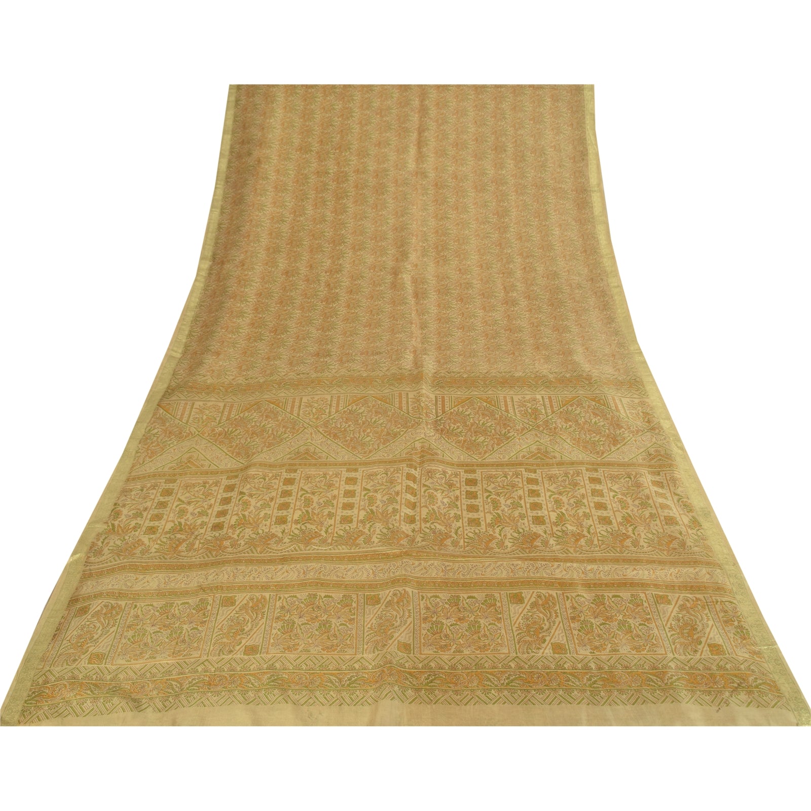 Sanskriti Vintage Sarees Cream Zari BorderPure Silk Print Sari 5+yd Craft Fabric