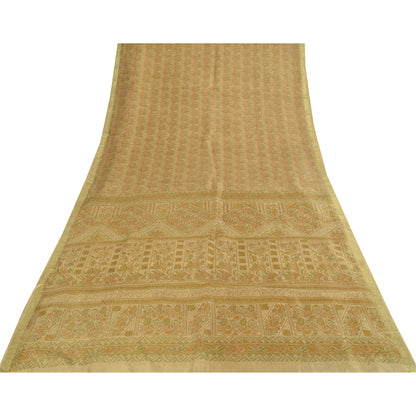 Sanskriti Vintage Sarees Cream Zari BorderPure Silk Print Sari 5+yd Craft Fabric