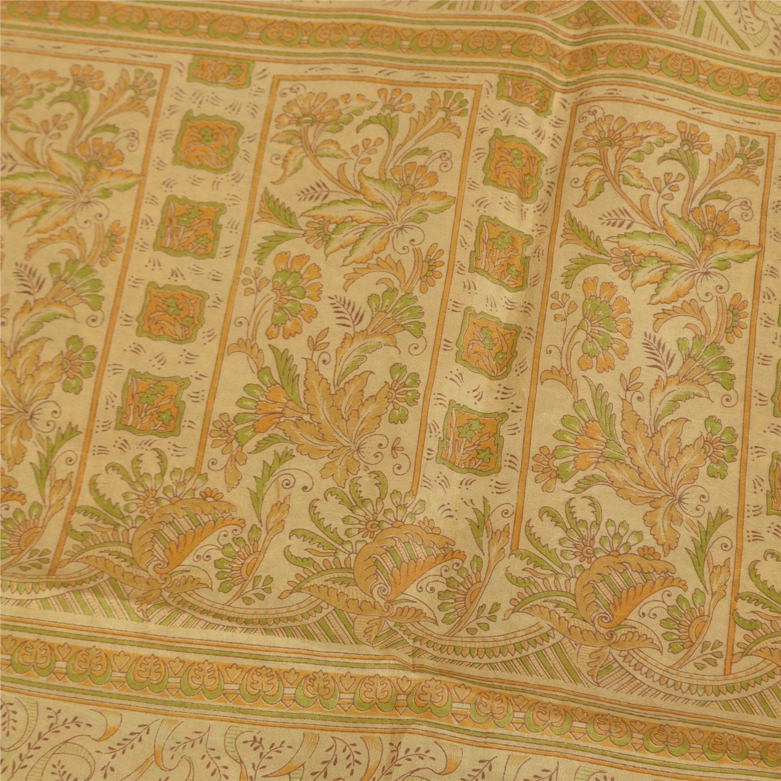 Sanskriti Vintage Sarees Cream Zari BorderPure Silk Print Sari 5+yd Craft Fabric