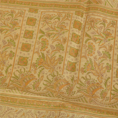Sanskriti Vintage Sarees Cream Zari BorderPure Silk Print Sari 5+yd Craft Fabric