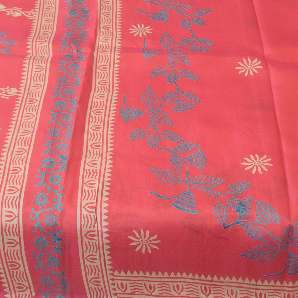 Sanskriti Vintage Sarees Pink Pure Silk Hand Block Print Sari 5+yd Craft Fabric