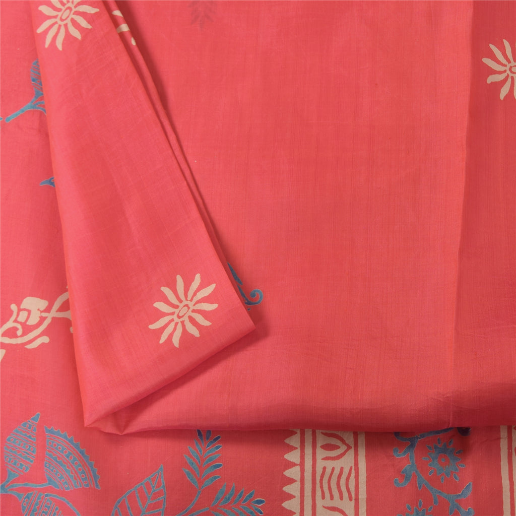 Sanskriti Vintage Sarees Pink Pure Silk Hand Block Print Sari 5+yd Craft Fabric