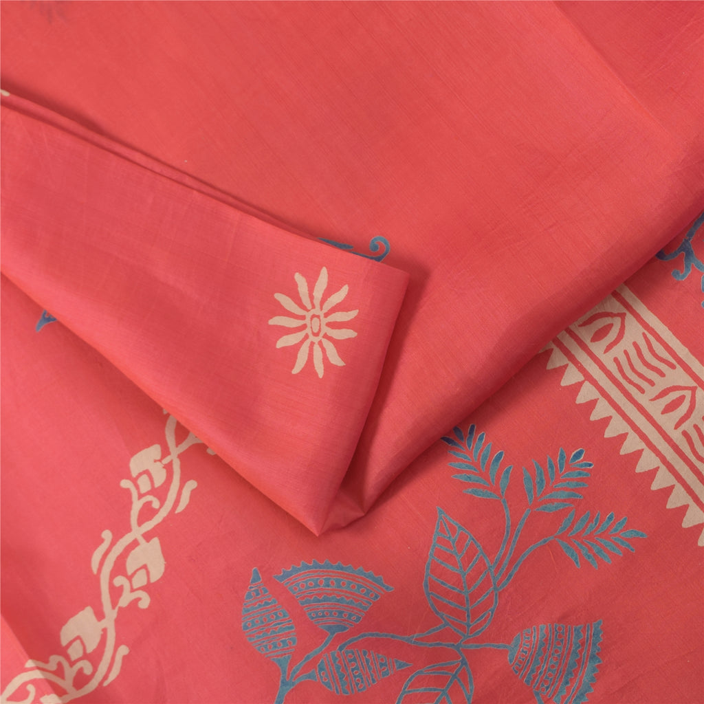 Sanskriti Vintage Sarees Pink Pure Silk Hand Block Print Sari 5+yd Craft Fabric