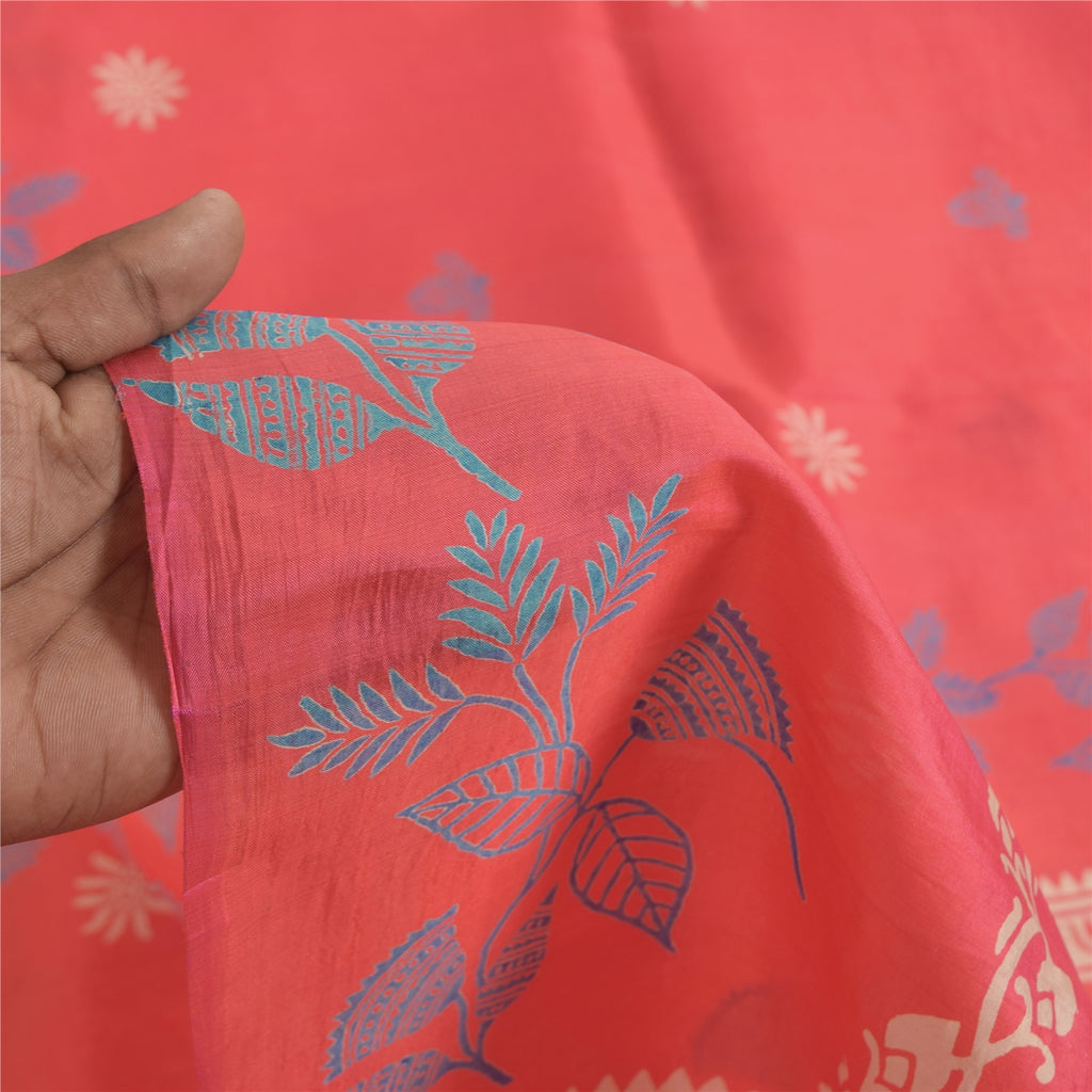 Sanskriti Vintage Sarees Pink Pure Silk Hand Block Print Sari 5+yd Craft Fabric