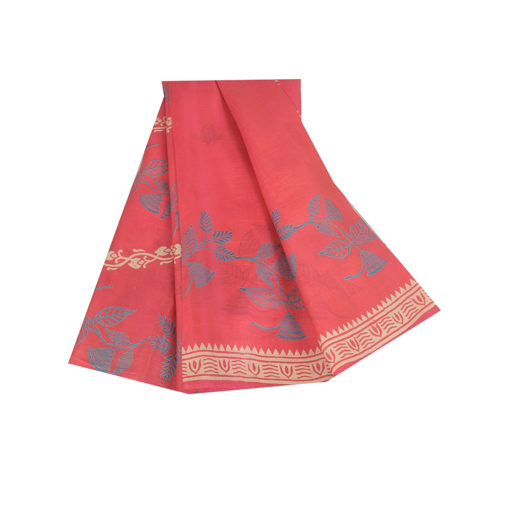 Sanskriti Vintage Sarees Pink Pure Silk Hand Block Print Sari 5+yd Craft Fabric