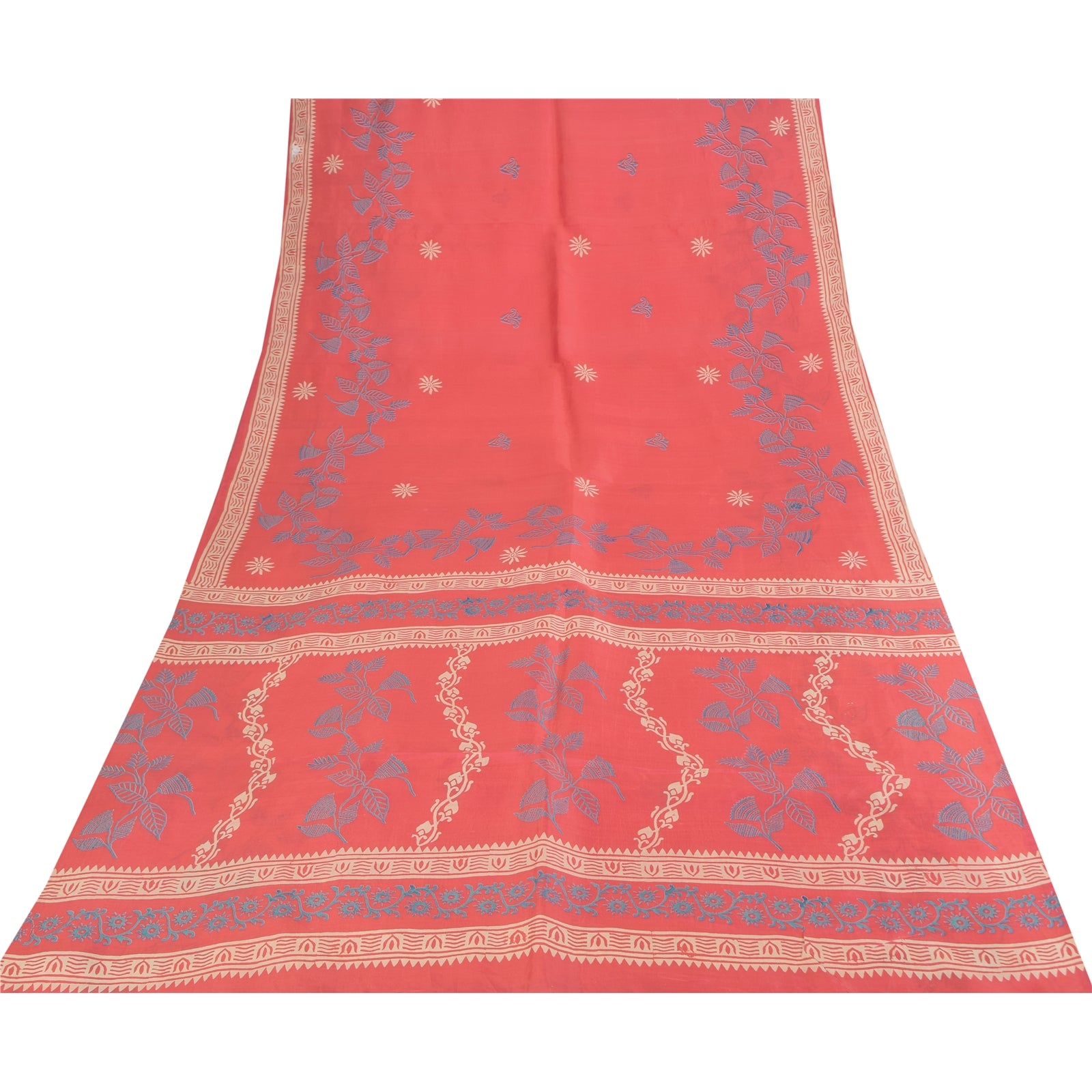 Sanskriti Vintage Sarees Pink Pure Silk Hand Block Print Sari 5+yd Craft Fabric