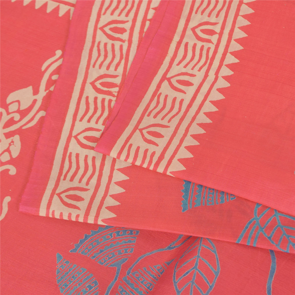 Sanskriti Vintage Sarees Pink Pure Silk Hand Block Print Sari 5+yd Craft Fabric