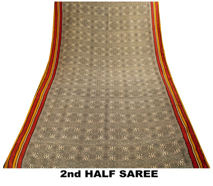 Sanskriti Vintage Saree Cream Soft Pure Silk Abstract Printed Sari 5.5+Yd Fabric