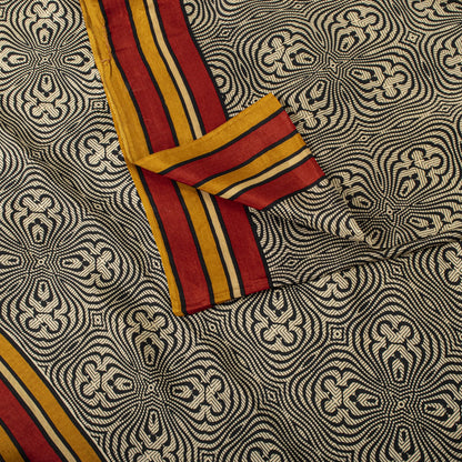 Sanskriti Vintage Saree Cream Soft Pure Silk Abstract Printed Sari 5.5+Yd Fabric