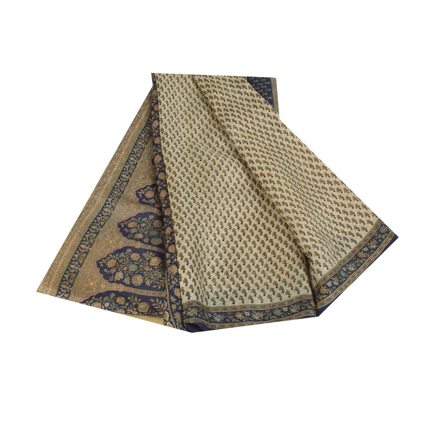 Sanskriti Vintage Sarees Cremefarvede Indiske Ren Silke Trykte Sari 5+ yard Håndværksstof