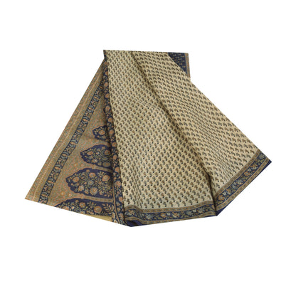 Sanskriti Vintage Sarees Cremefarvede Indiske Ren Silke Trykte Sari 5+ yard Håndværksstof