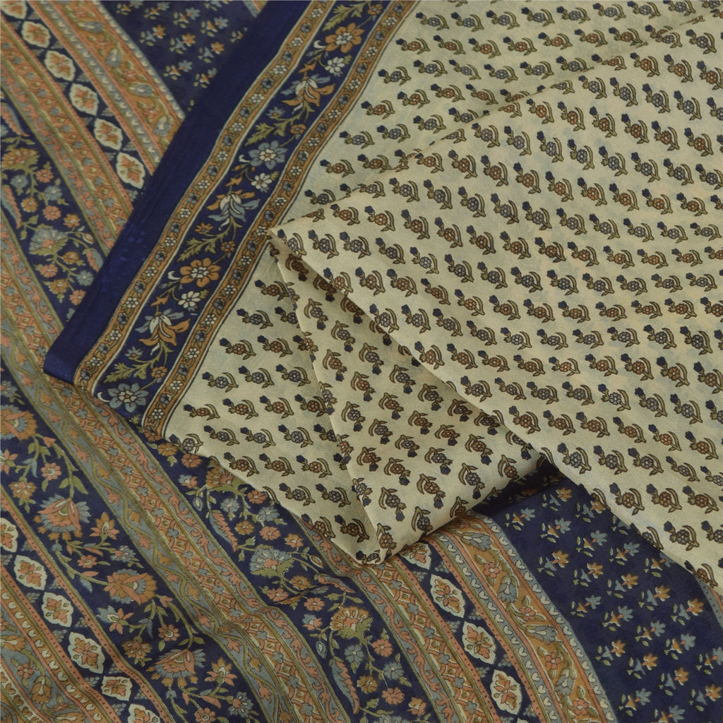Sanskriti Vintage Sarees Cremefarvede Indiske Ren Silke Trykte Sari 5+ yard Håndværksstof
