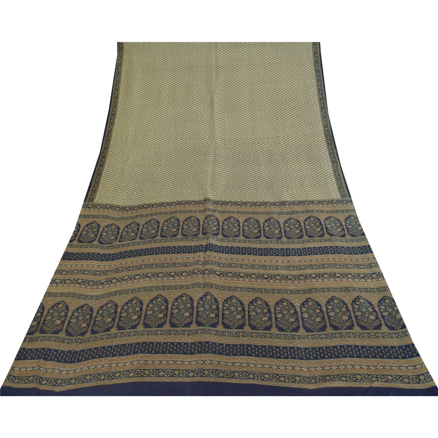 Sanskriti Vintage Sarees Cremefarvede Indiske Ren Silke Trykte Sari 5+ yard Håndværksstof